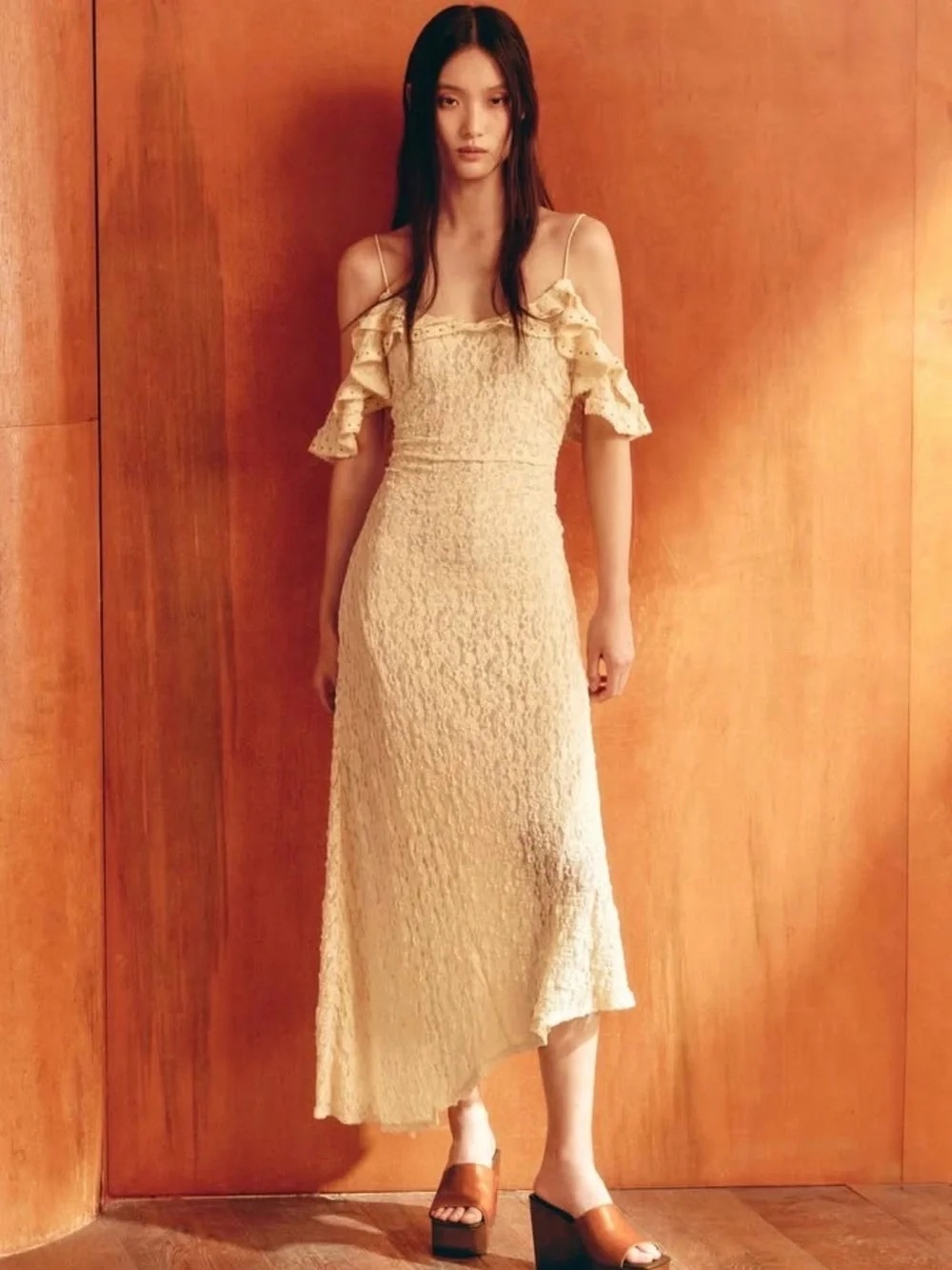 Zara Cream butter yellow  lace Shoulder Ruffle asymmetrical Dress size S